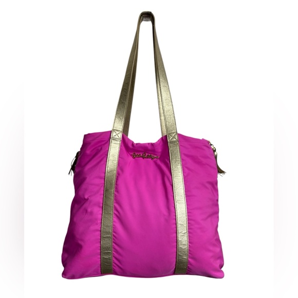Lilly Pulitzer Handbags - Lilly Pulitzer Hot Pink Large Tote Shoulder Bag Side Zippers Gold Straps Tassels